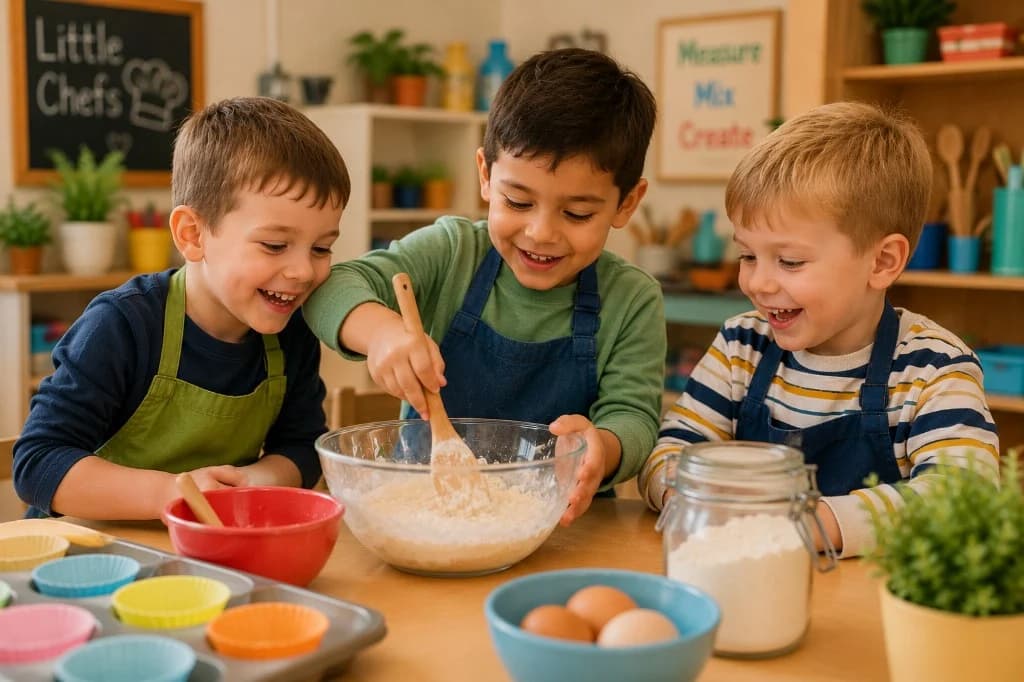 Three boys baking together at a classroom table mixing dough, with colourful cupcake liners, eggs, and flour jar in warm light