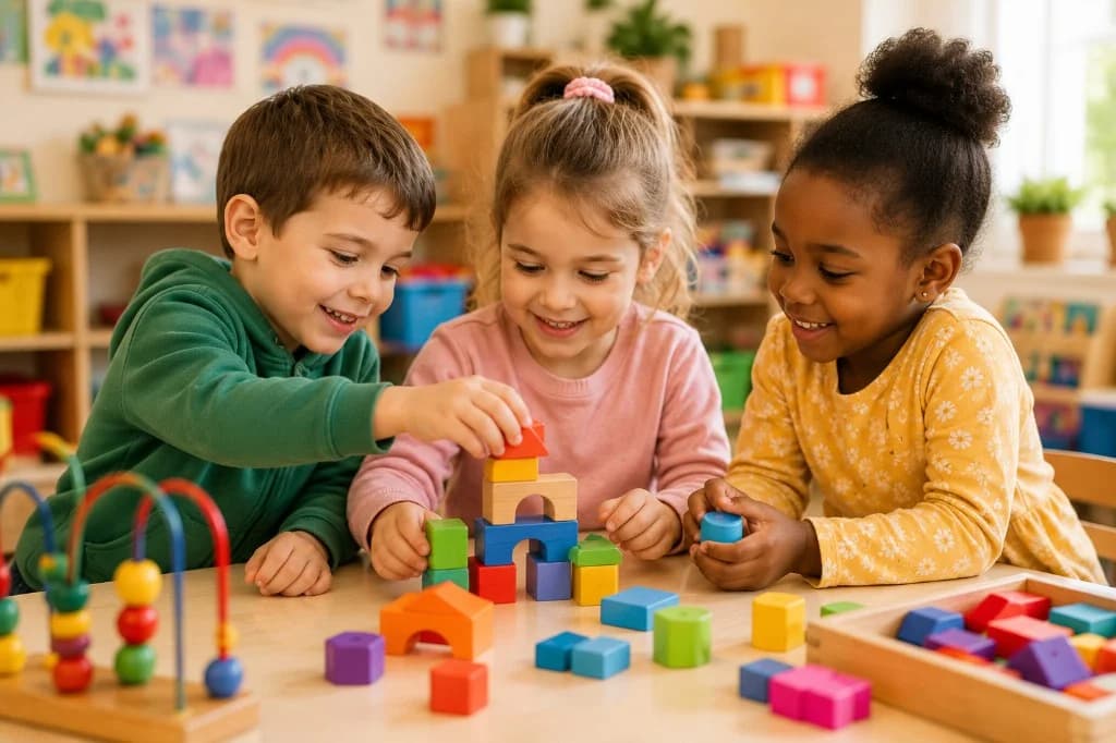 Three children building with colourful wooden blocks at a sunlit classroom table