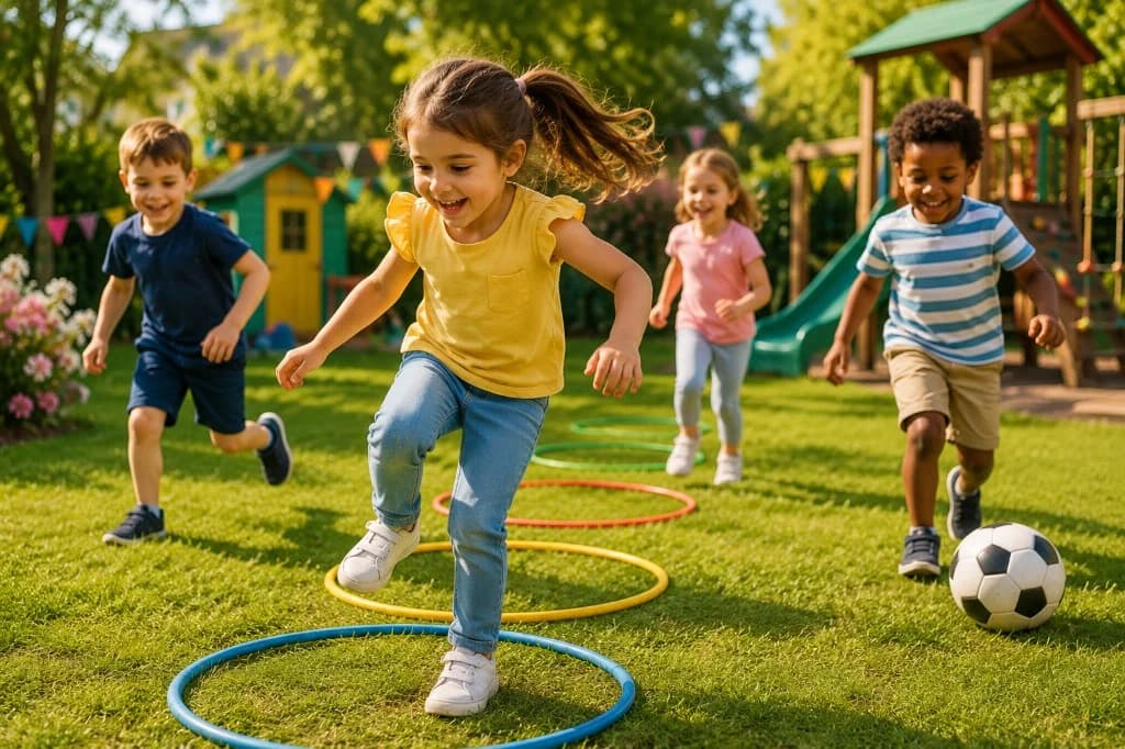 Children playing outdoors on grass with hula hoops and playground equipment in soft sunlight