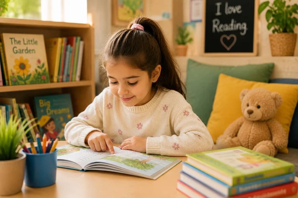 Girl reading a picture book at a wooden table with pencils, bookshelves, and a cosy reading nook softly blurred behind her