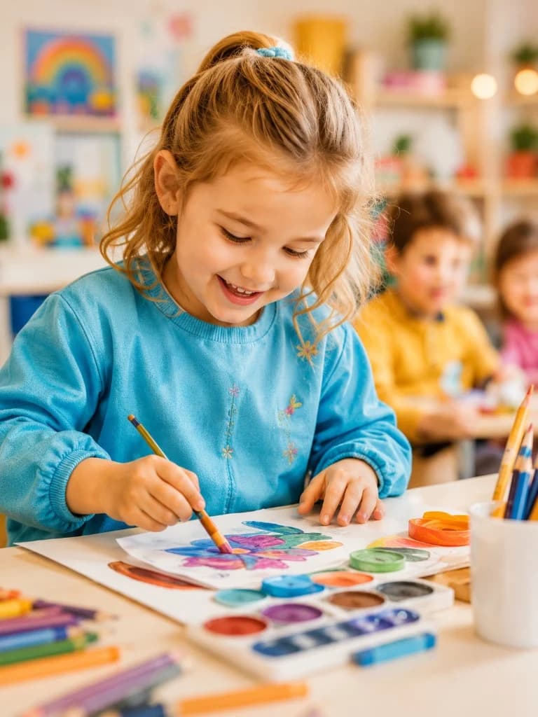 Young girl painting a colourful flower at a preschool table with watercolours and pencils